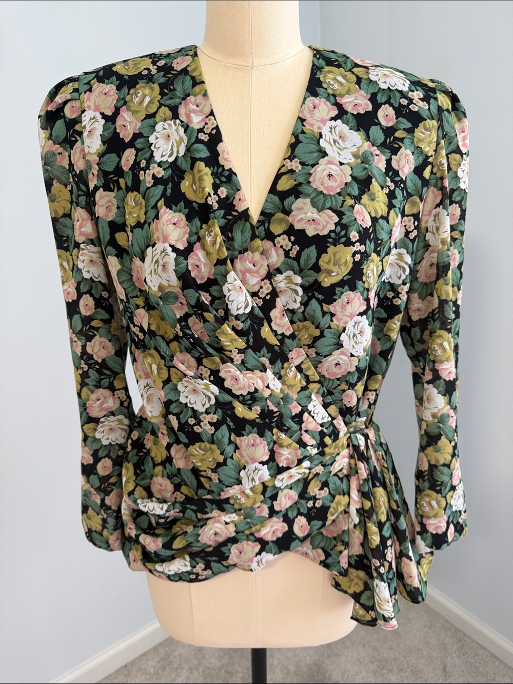 Liz Robert’s Wrap Style Blouse - Black with Pink & Green Floral SZ8